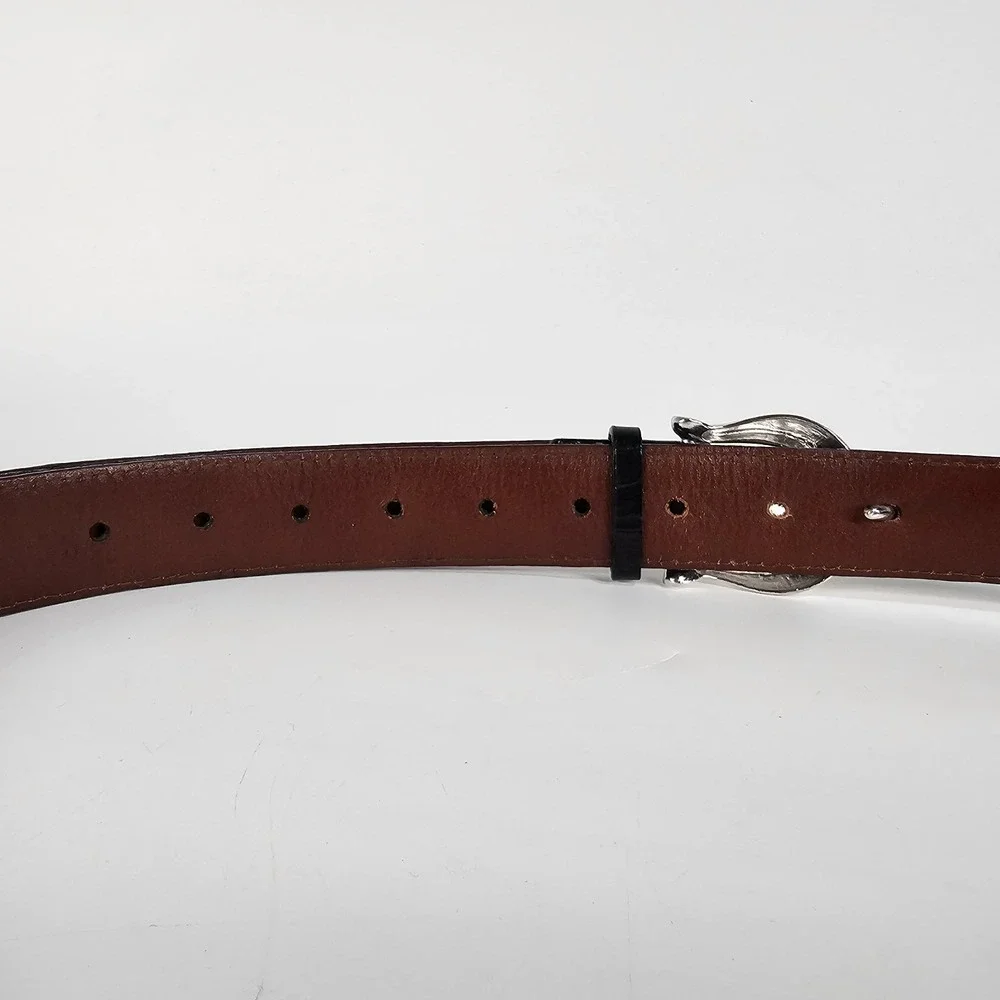 Brian Toohey Leather Belt 42 Black & Silver Hardware Croc Embossed Made In USA